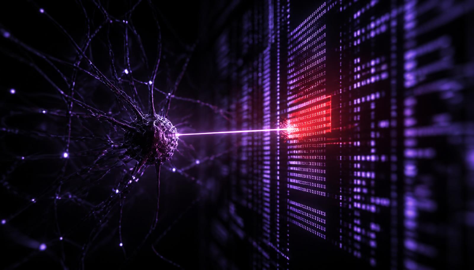 Abstract neural lattice scanning a wall of glowing code with a single highlighted flaw