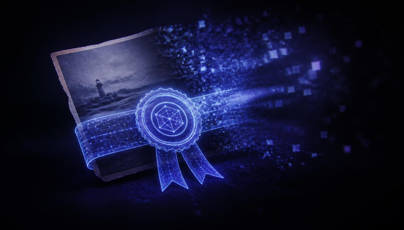 Digital photograph fragment wrapped in a glowing cryptographic seal with metadata particles trailing away