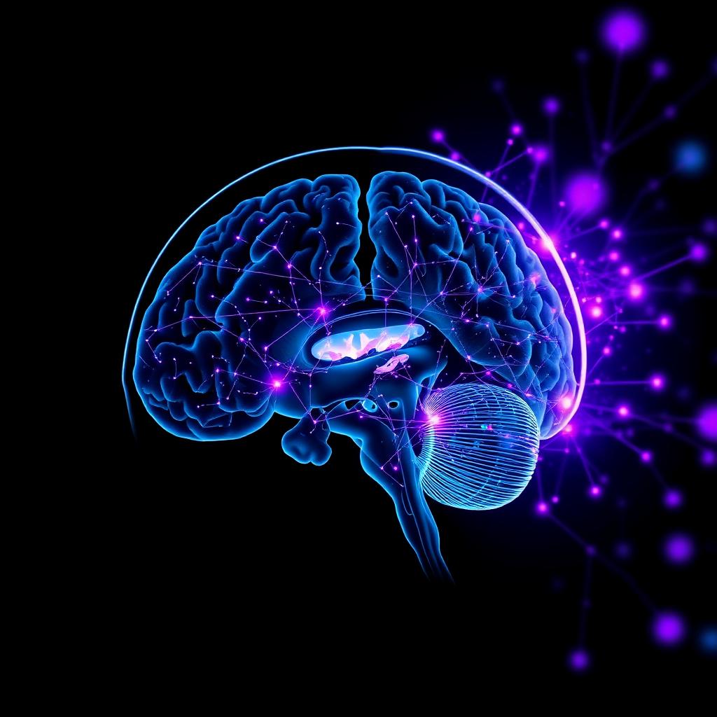 Stylized brain MRI with glowing neural-network overlays representing deep learning classification.