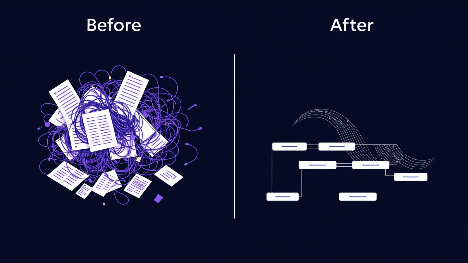 Before and after diagram: tangled manual paperwork on the left, a clean automated workflow on the right.