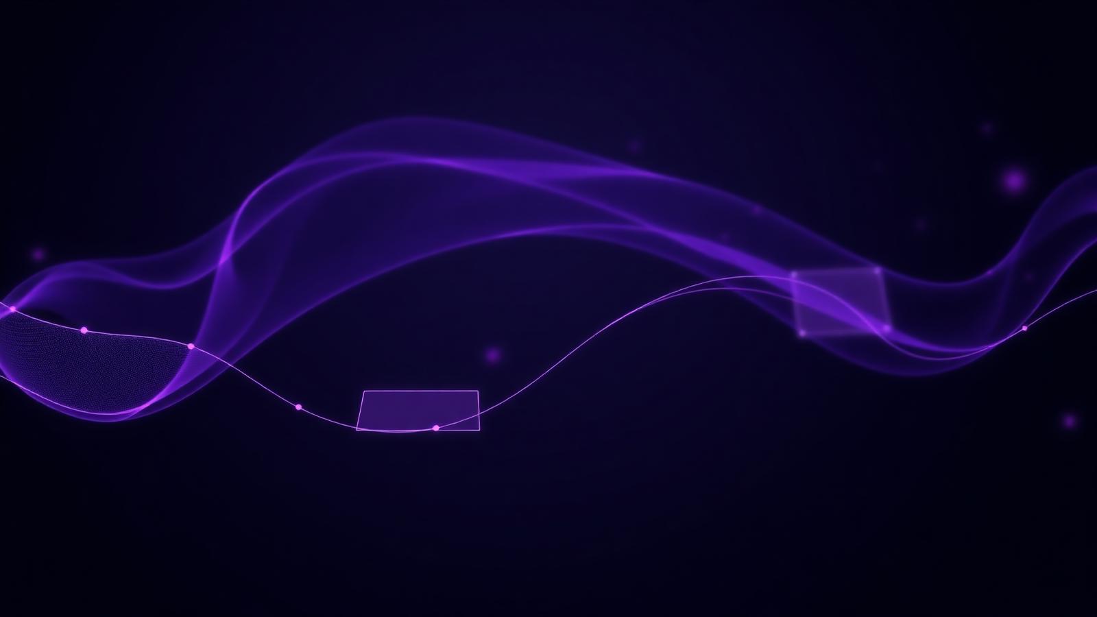 Abstract flowing lavender data streams and interconnected workflow nodes on a deep charcoal background.