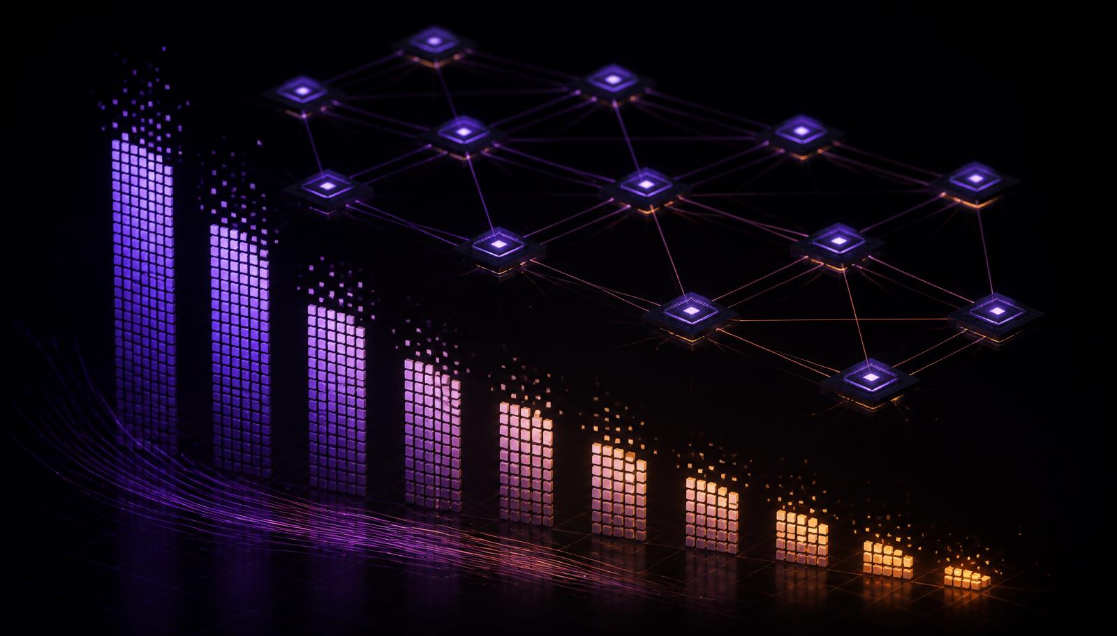 Data visualisation of falling AI inference cost with a mesh of connected accelerator nodes above descending bars
