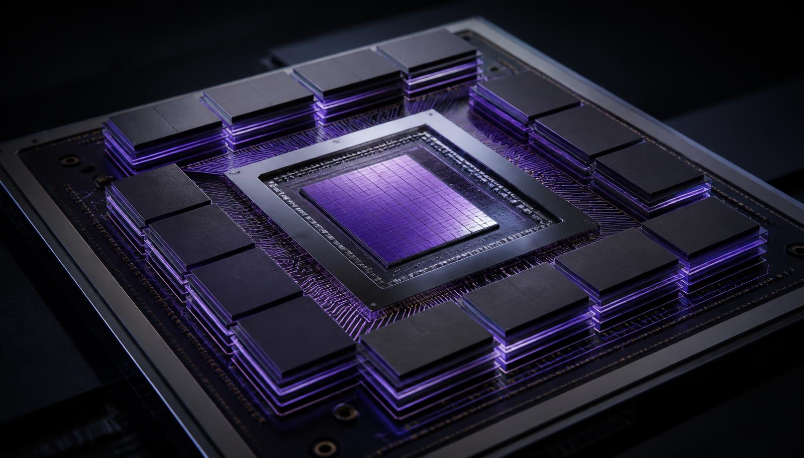 Macro view of a custom AI accelerator package with HBM memory stacks surrounding a central die
