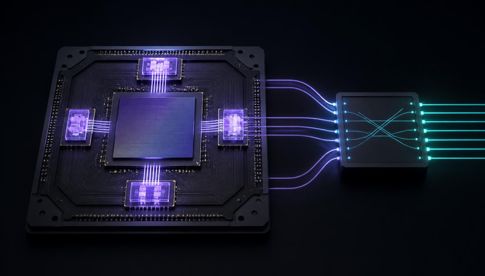 Diagram of a chip package with co-packaged optical engines emitting light lanes toward a switch