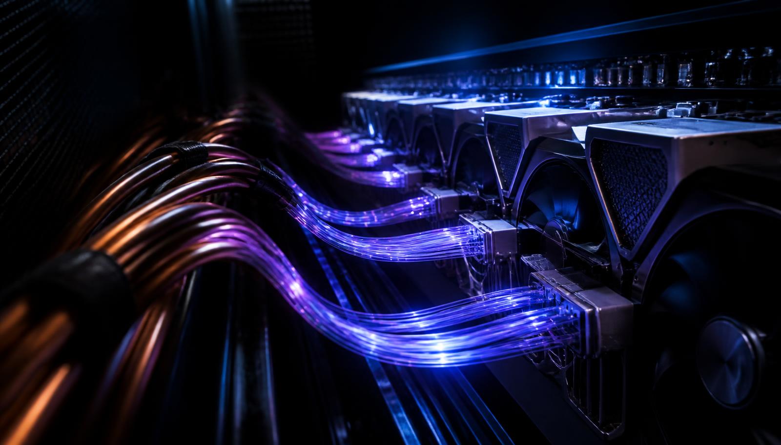 Glowing fiber optic strands threading between GPU accelerator cards in a dark data center rack