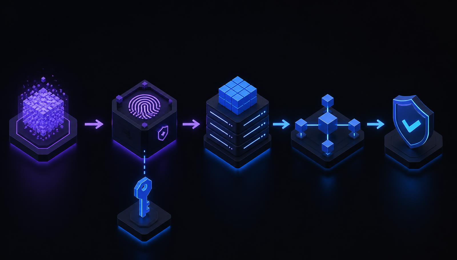 Isometric pipeline diagram: generation, marking, signing key, storage, distribution and verification badge