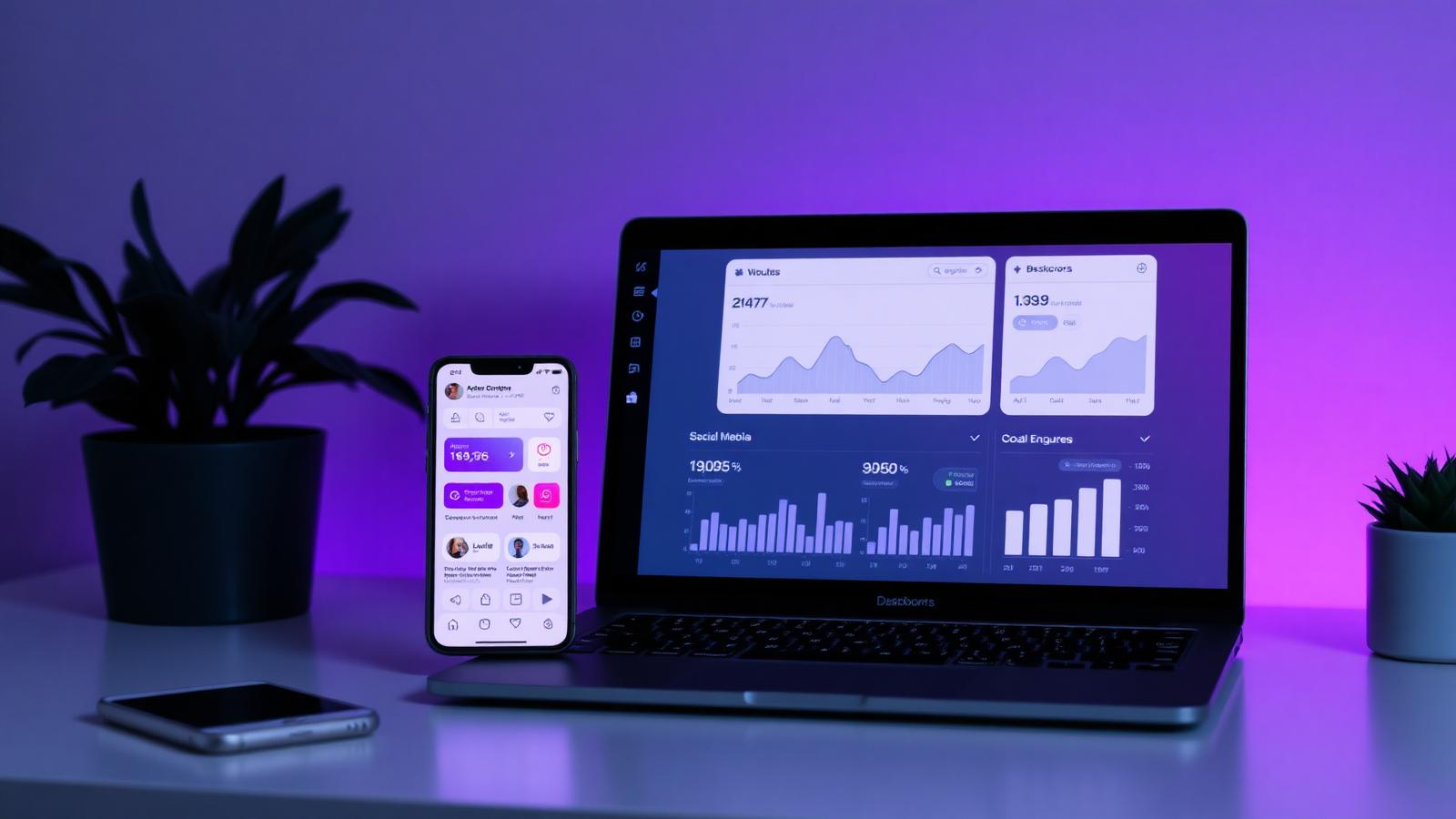 Modern business workspace with a laptop dashboard, phone, and analytics charts under soft purple lighting.