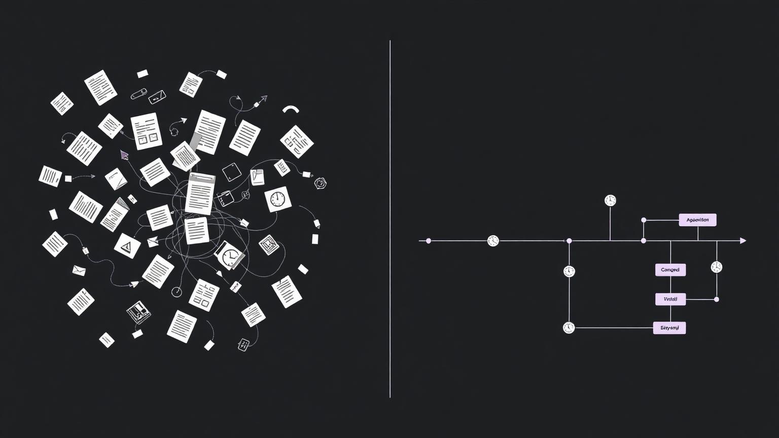 Before and after diagram: fragmented manual workflow vs. clean automated pipeline