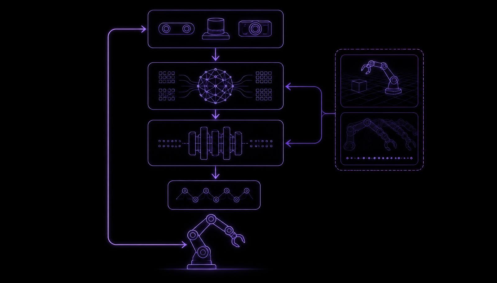 Schematic of a robotics stack: sensor input feeding a reasoning layer, then a policy layer, then joint commands, with simulation and demonstration data feeding post-training