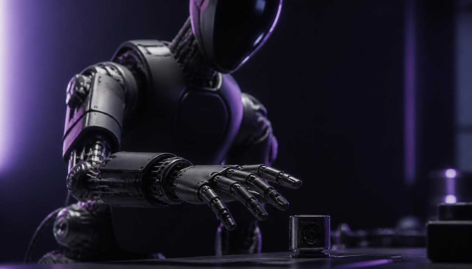 Humanoid robot with a five-fingered dexterous hand reaching toward an object under violet studio lighting